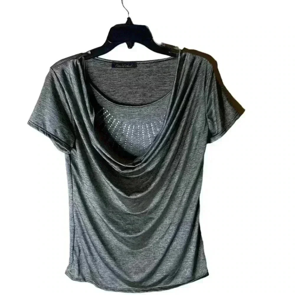 Candid Soul Top Draped Studded Neckline Short Sleeves Women's Size Large